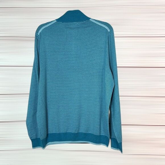 Saks Fifth Avenue Blue Striped Sweater Quarter Zip Silk Cotton Men’s L - Picture 6 of 9